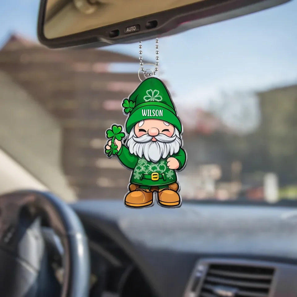Create saint patrick's day gnome personalized acrylic car hanger irish car decor — custom name shamrock car charm. Perfect St. Paddy's road gift!