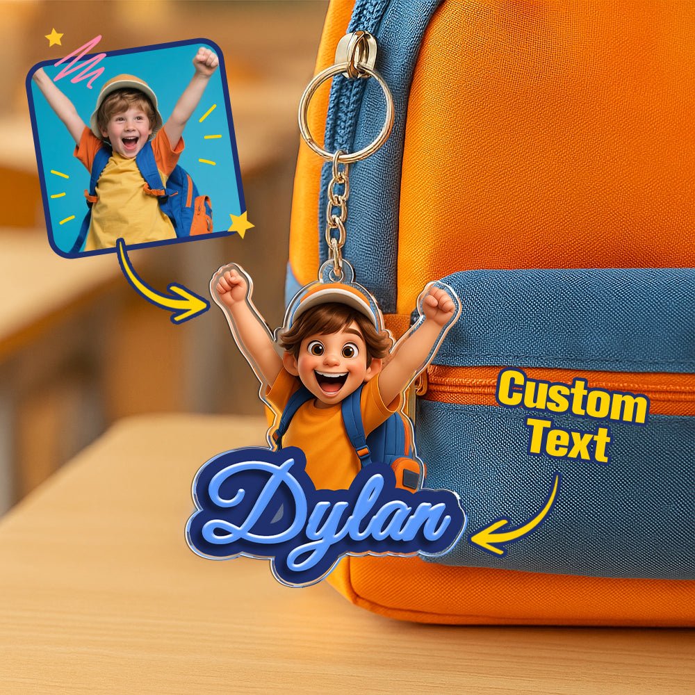 Create custom photo cartoon style keychain personalised name keychain for kids back to school gift — cartoon photo backpack charm. Perfect first day present!