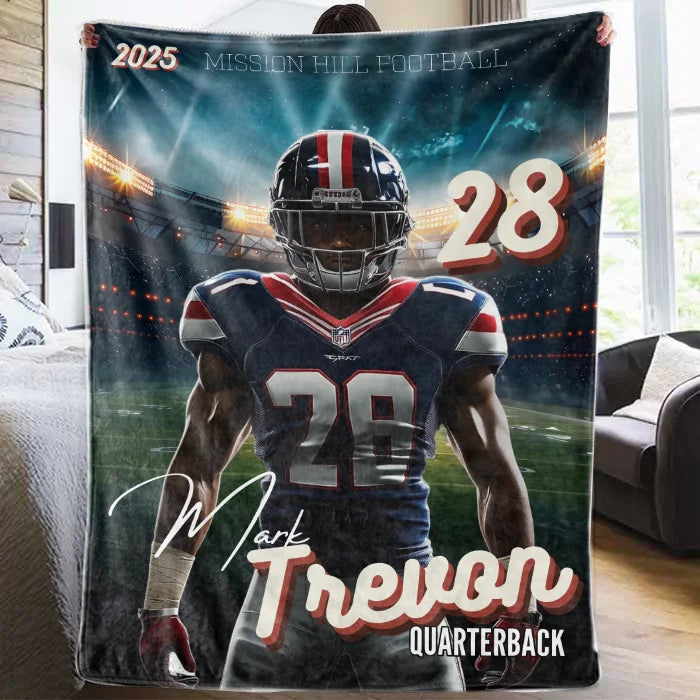 Personalized Football Woollen Blanket – Custom Senior Photo & Name Blanket for Boys Room & Senior Sports