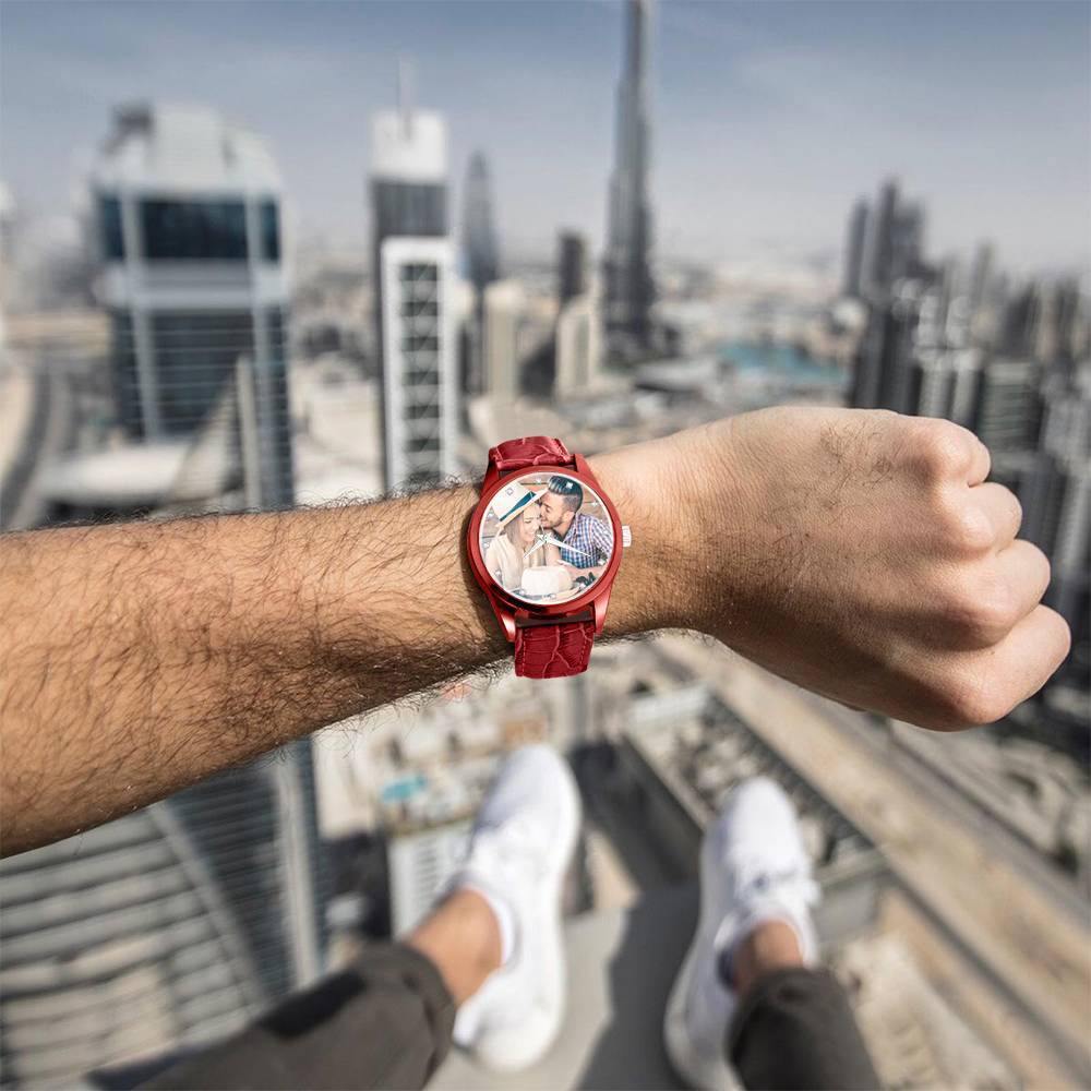 Personalized Men’s Photo Watch with Leather Strap – Custom Photo Dial Gift for Him