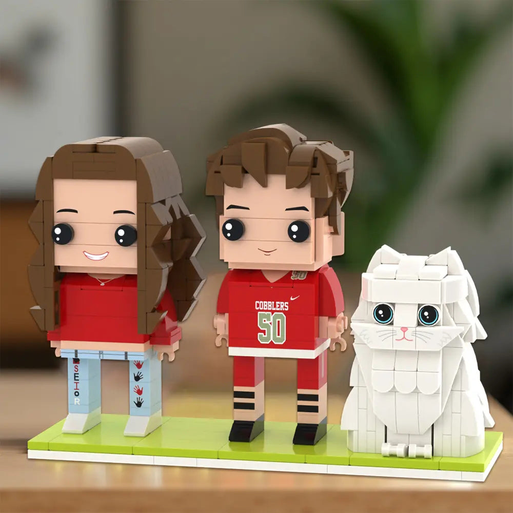 Full Body Customizable 2-People Brick Figures with Cat: Cute Personalized Pet Family Gift & Home Decor
