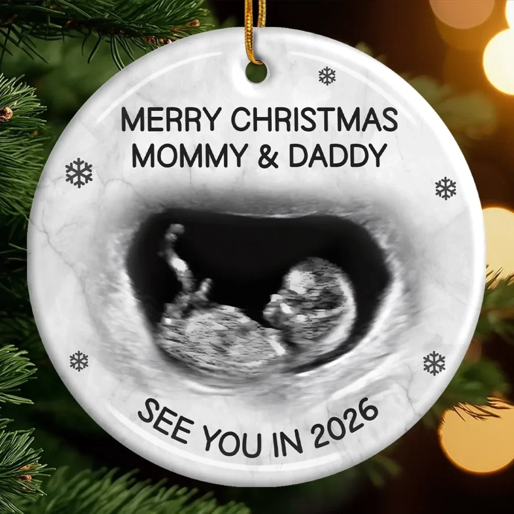 A Little Elf Arriving Soon" Custom Photo Ceramic Ornament: Perfect Pregnancy Christmas Gift for New Moms & Dads