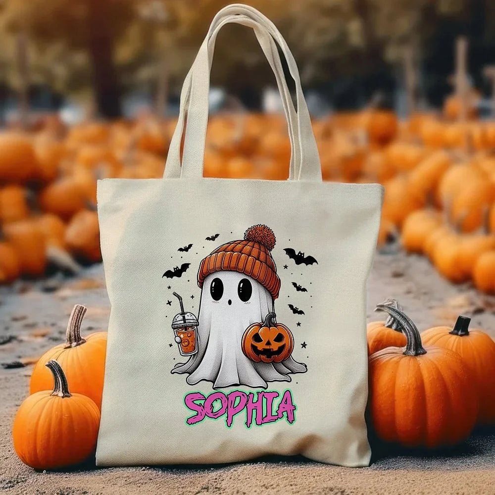 Personalized Halloween Cute Ghost Large Canvas Tote Bag with Name: Spooky-Cute Gift for Family