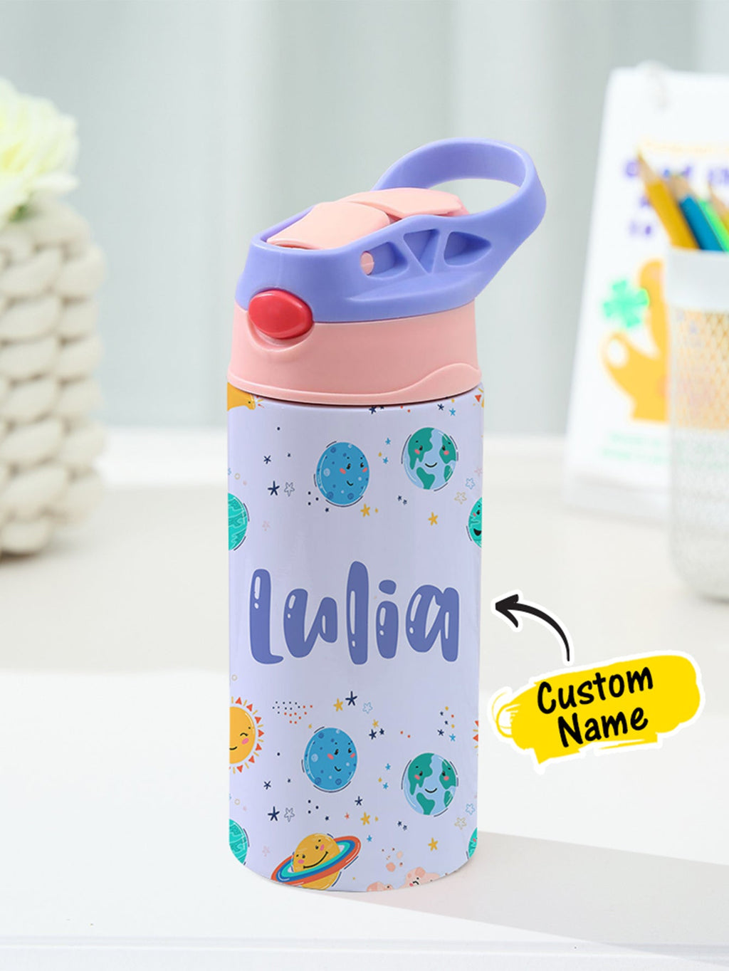 Personalized Name Cartoon Planets Stainless Steel Tumbler 350ml – Custom Cosmic Drinkware Gift