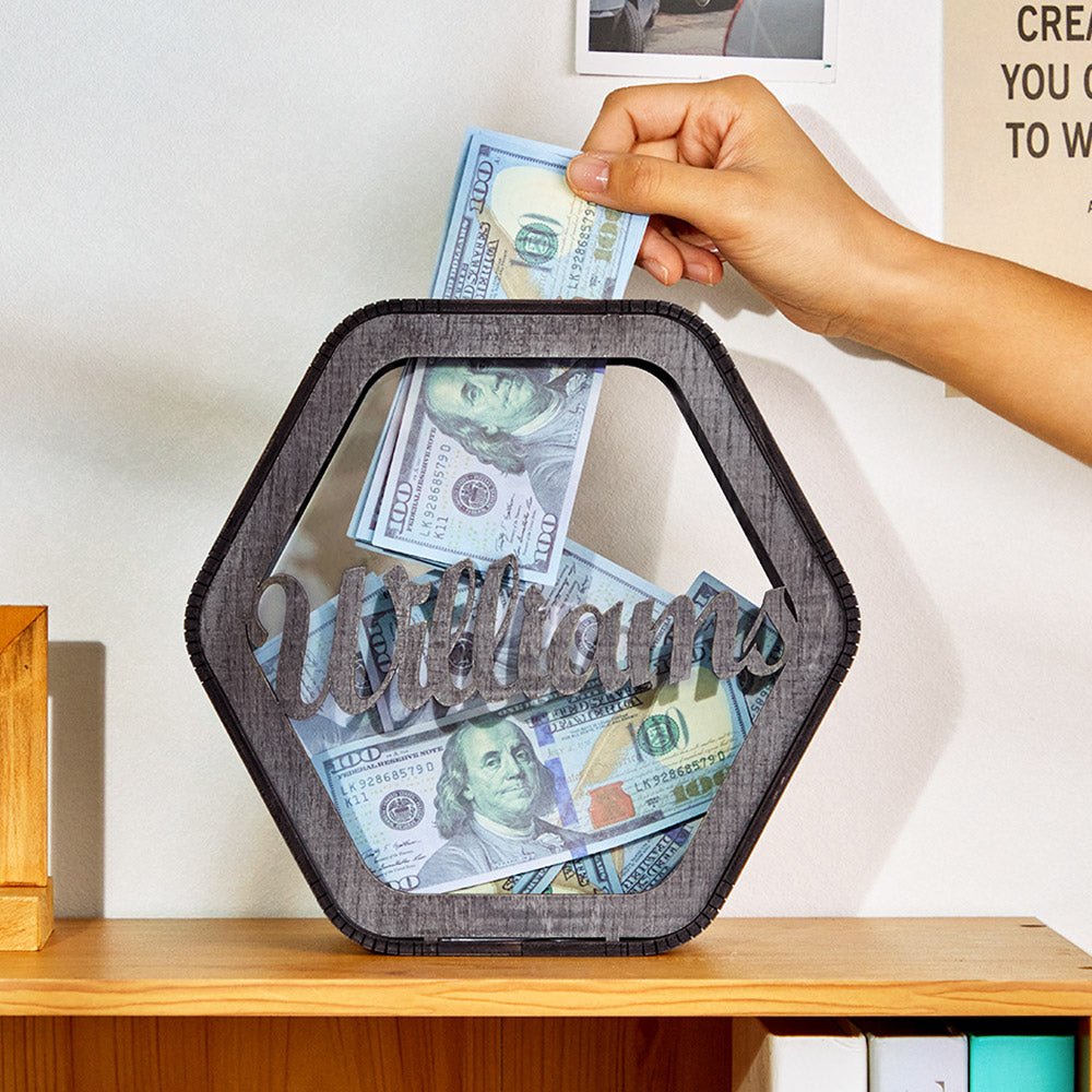 Custom Hexagonal Wood Piggy Bank with Name: Personalized Gift for Kids & Baby Showers