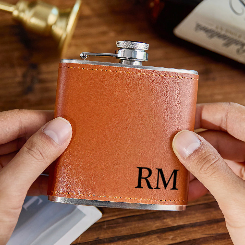 Personalized Men PU Leather Flask Stainless Steel 6oz Whiskey Flask: Custom Gift for Him