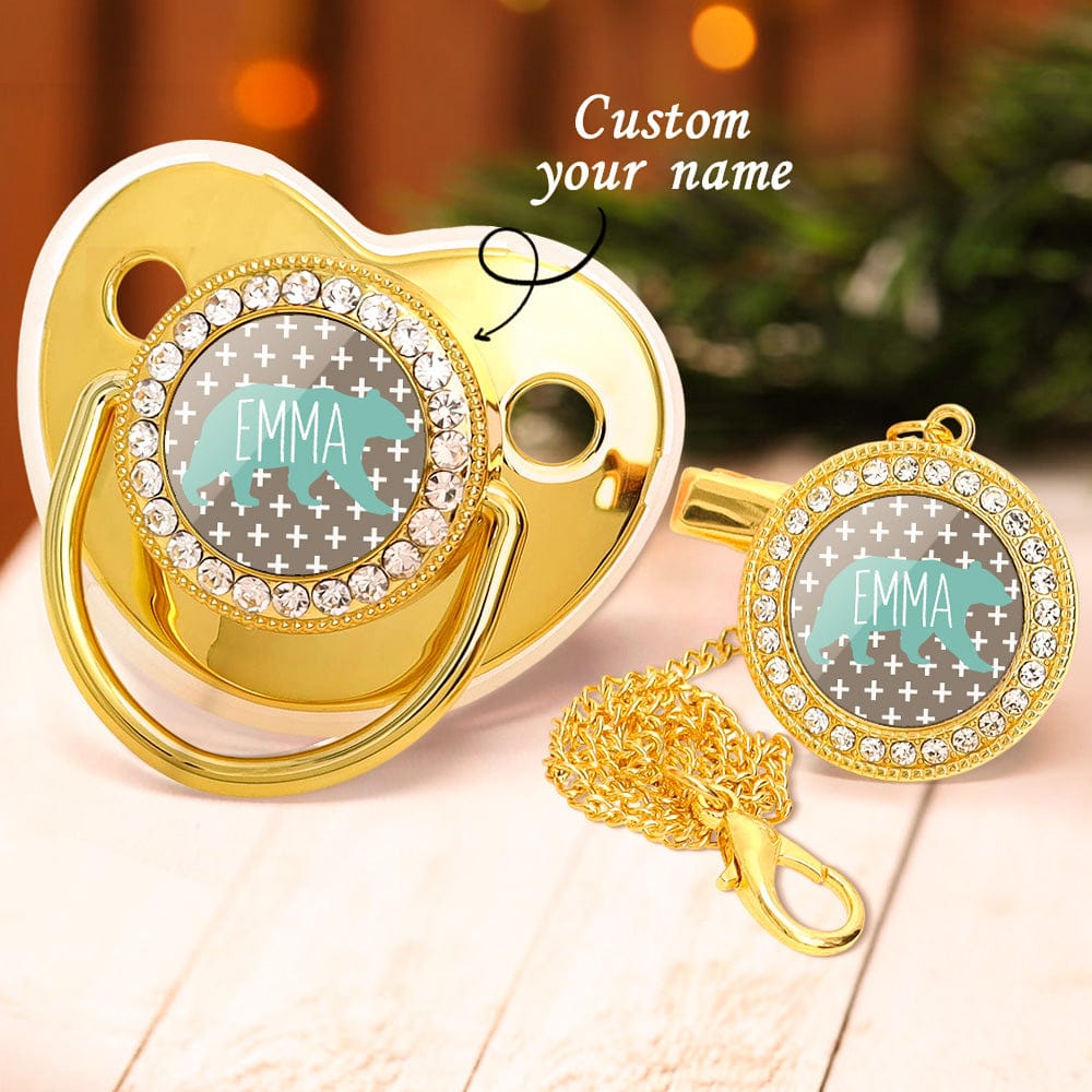 Custom Name Baby Pacifier & Clip Set with Polar Bear Pattern – Personalized Newborn Gift