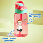 Personalized Cartoon Birth Flower Water Bottle with Straw 16oz Water Bottle Gift for Kids