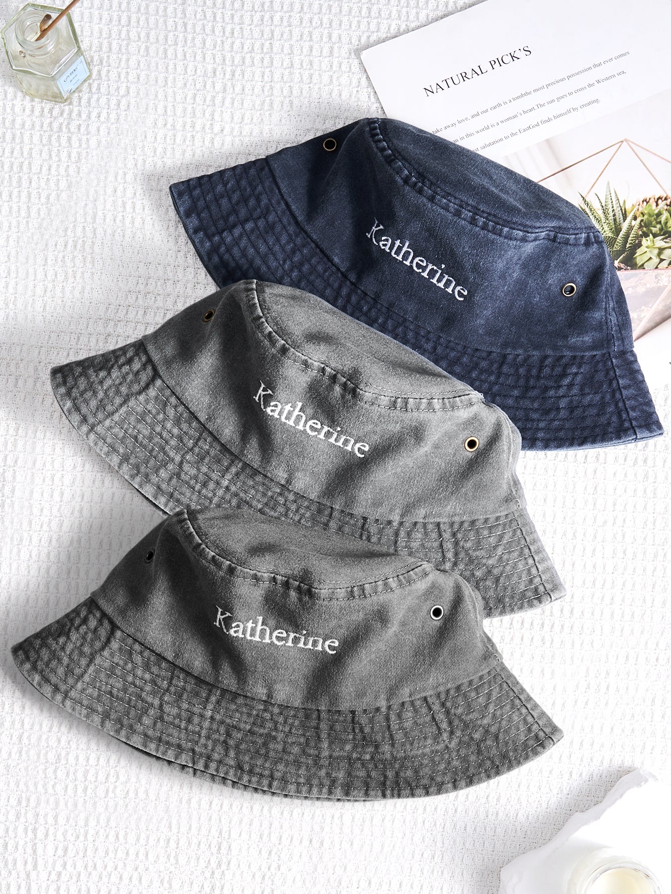 Personalized Denim Bucket Hat Custom Name Embroidery Design Gift for Friends