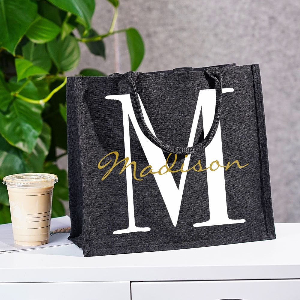 Personalized Black Canvas Bag with Name and Initial Birthday Wedding Party Gift for Women