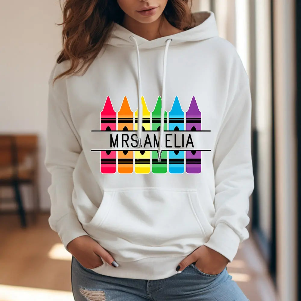Personalized Crayon Hooded Sweatshirt Teacher Custom Name Hooded Sweatshirt Back to School Gifts