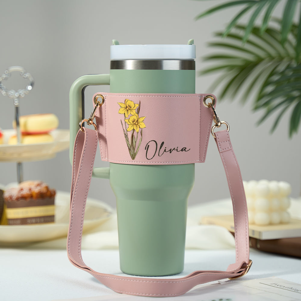 Personalized Birth Flower Water Bottle Carrier Bag for 40oz Stanley Tumbler with Adjustable Strap Gift for Her