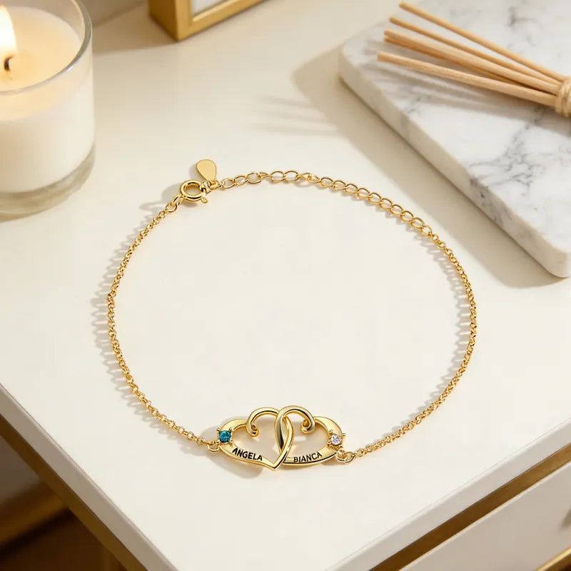 Custom Interlocking Heart Name Bracelet Birthstone Engraved Names Personalized Double Heart Bracelet for Couples Valentines Gift