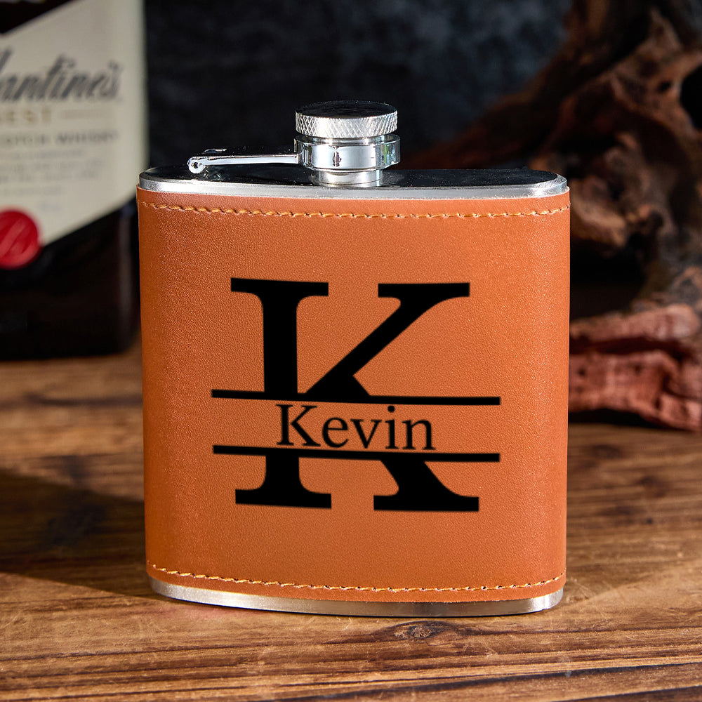 Personalized Leather Flask Stainless Steel 6oz Whiskey Flask Gift for Men