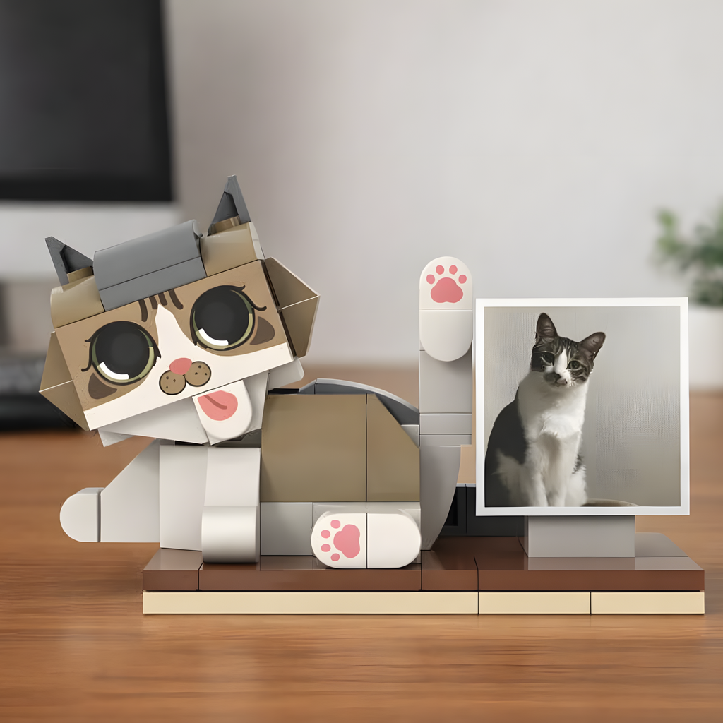 Fully Body Customizable 1 Cat Brick Figures with Photo(Fixed posture as shown in the picture)