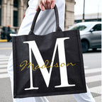 Personalized Black Canvas Bag with Name and Initial Birthday Wedding Party Gift for Women