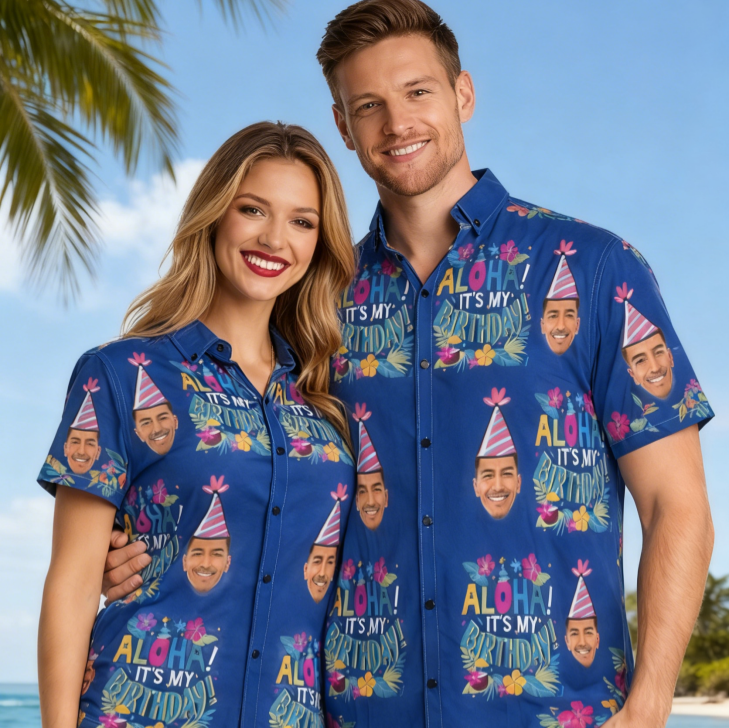 Custom Face Hawaiian Shirt Birthday Party Blue Men's Summer Shirt