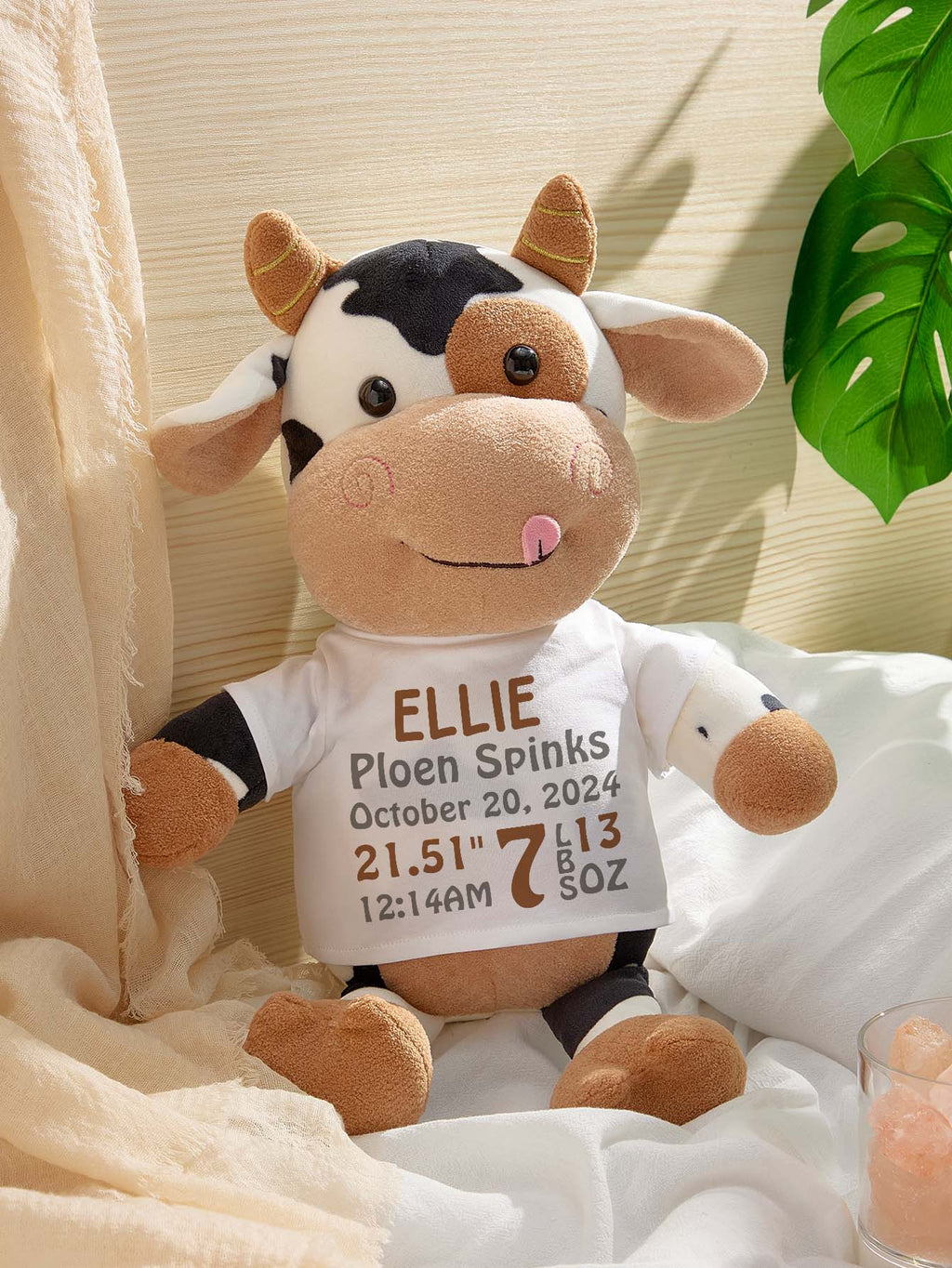 Personalized Cow Plush Stuffed Toy Birth Announcement Gift for Baby Shower