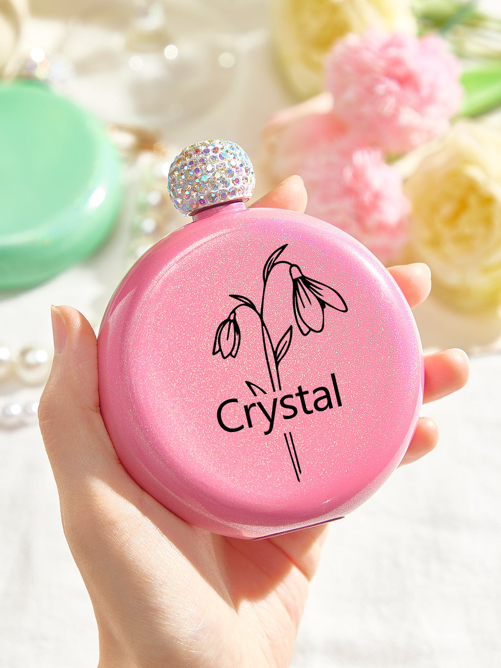 Personalized Birth Flower Round Flasks with Name 5oz Glitter Flask Wedding Birthday Gift for Her