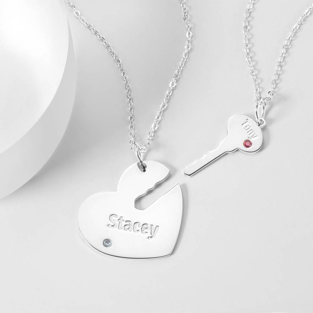 Custom Birthstone Engraved Name Couple Necklace with Heart and Key Silver
