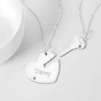 Custom Birthstone Engraved Name Couple Necklace with Heart and Key Silver