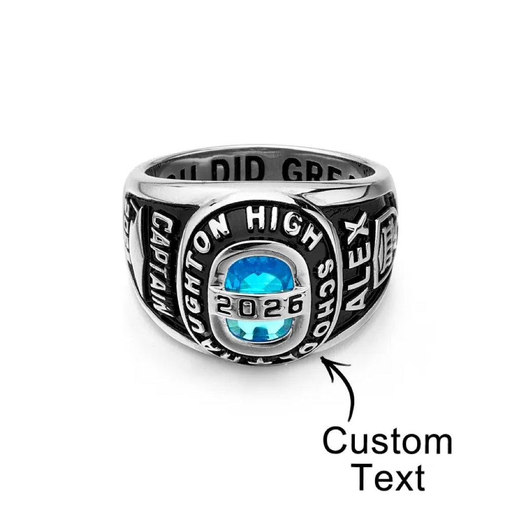 Personalized Birthstone Class Signet Ring with Engraved Symbol Name and Text Class of Graduation Gift for High School University Graduates