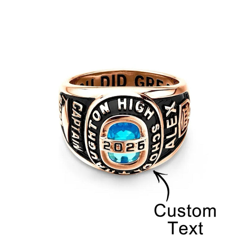 Personalized Birthstone Class Signet Ring with Engraved Symbol Name and Text Class of Graduation Gift for High School University Graduates