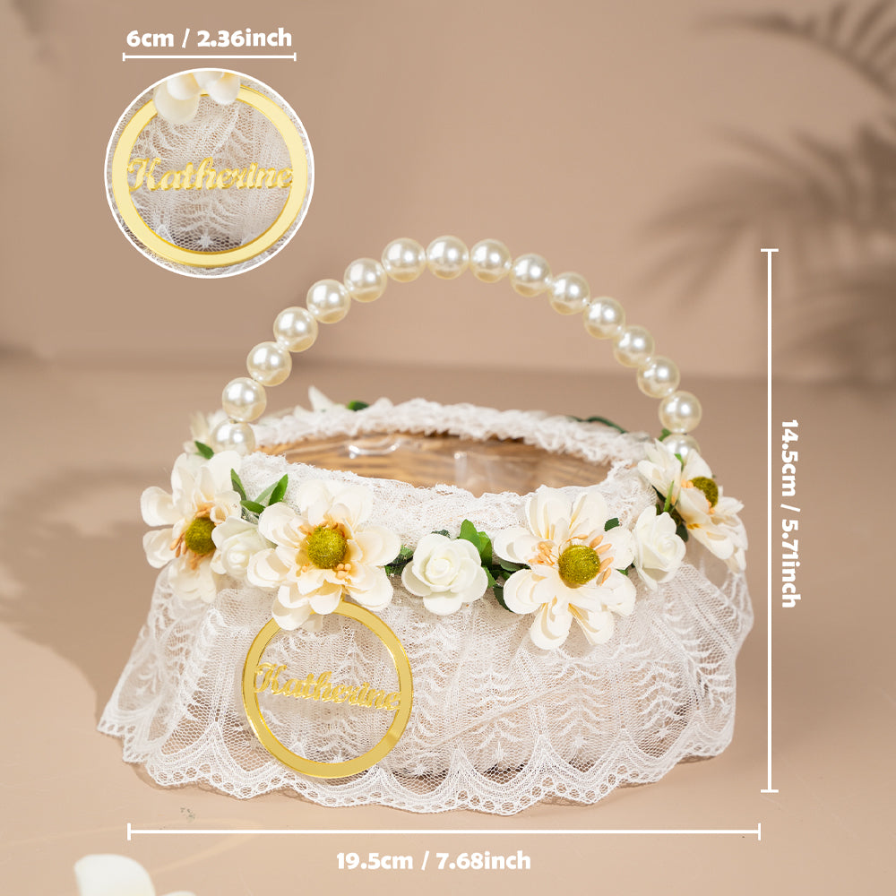 Personalized Handmade Flowers Wreath Rattan Flower Girl Basket with Name and Pearl Handle Wedding Ceremony Gift