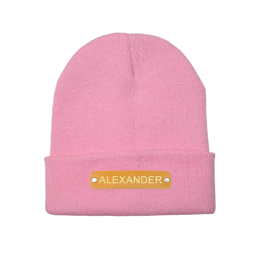 Custom Name Leather Patch Beanie Personalized Adult Winter Hat