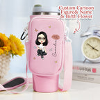 Personalized Cartoon Birth Flower Waterproof Bottle Carrier Bag for 40oz Stanley Tumbler Gift for Her
