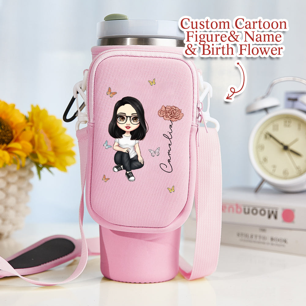 Personalized Cartoon Birth Flower Waterproof Bottle Carrier Bag for 40oz Stanley Tumbler Gift for Her