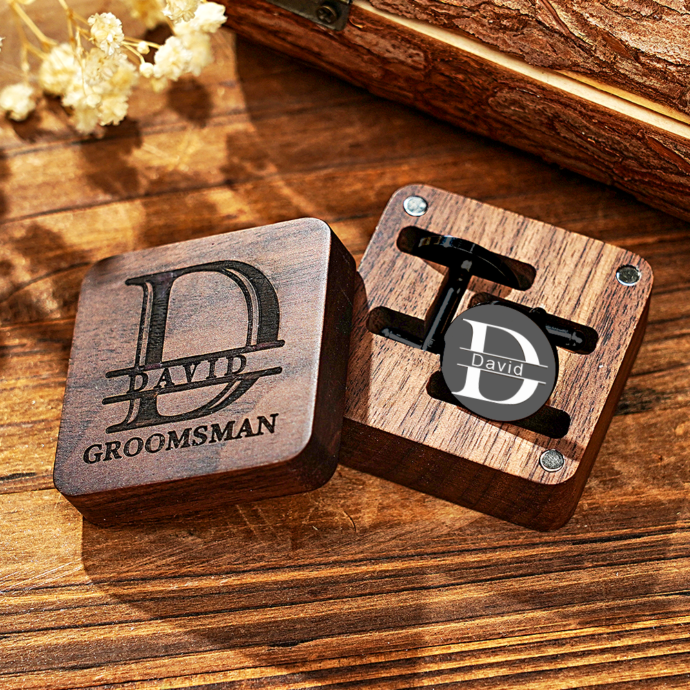 Personalized Engraved Cufflinks Set with Wooden Box Wedding Gift for Men Groomsmen