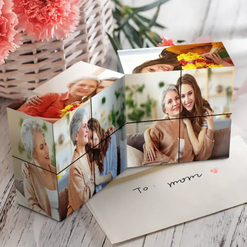 Custom Photo Cube Infinity Folding Multiphoto Cube with Wooden Base Father's Day Gifts