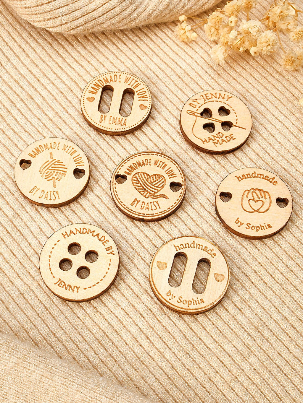 Personalized Handmade with Love Wooden Buttons Set of 15 Clothing Labels Gift for Mother Grandma Knitting Crocheting Lovers