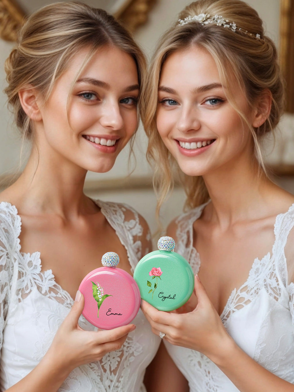 Personalized Birth Flower Round Flasks with Name 5oz Glitter Flask Birthday Bridesmaid Party Gift for Girls