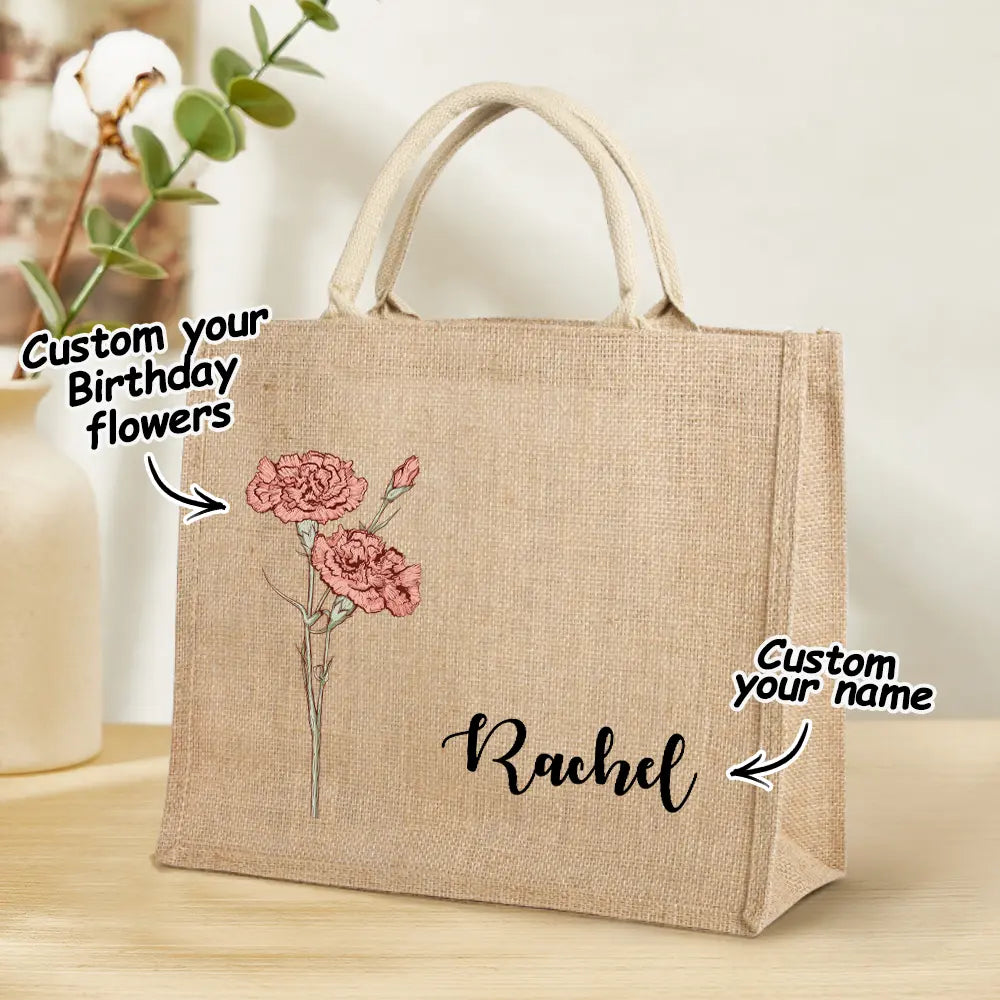 Personalized Birth Flower Grandma's Garden Beach Jute Tote Bag with Name Birthday Wedding Party Gifts for Her