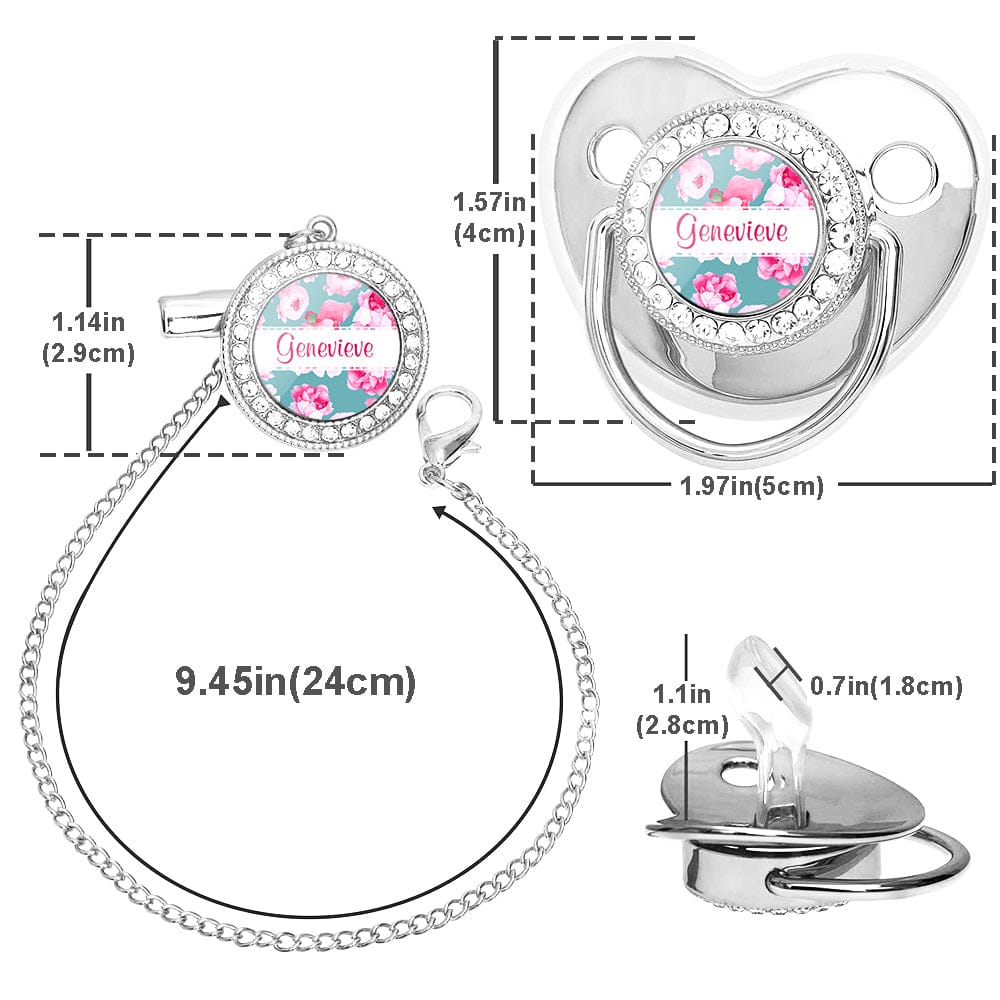 Custom Name Baby Pacifier & Clip Set with Flower – Personalized Newborn Gift