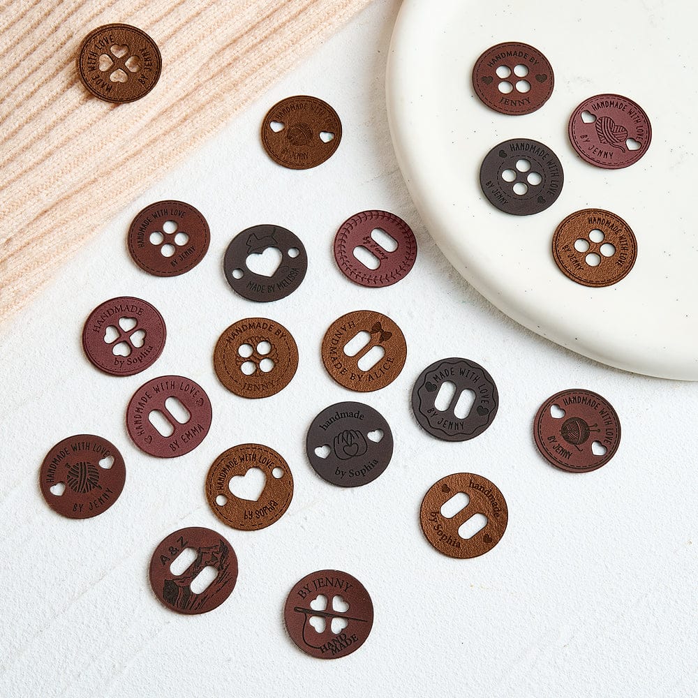 Personalized Name Buttons & Tags for Crafts Leather Tags for Crochet Items Gift for Knitting Crocheting Lovers A set of 15