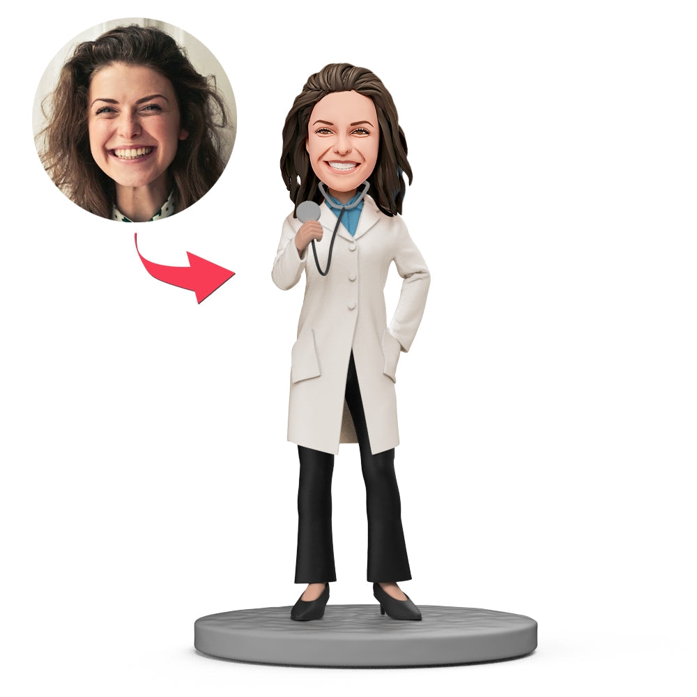 custom bobble head capture moment miniature bobblehead keepsake doctor pediatrician stethoscope hand front view