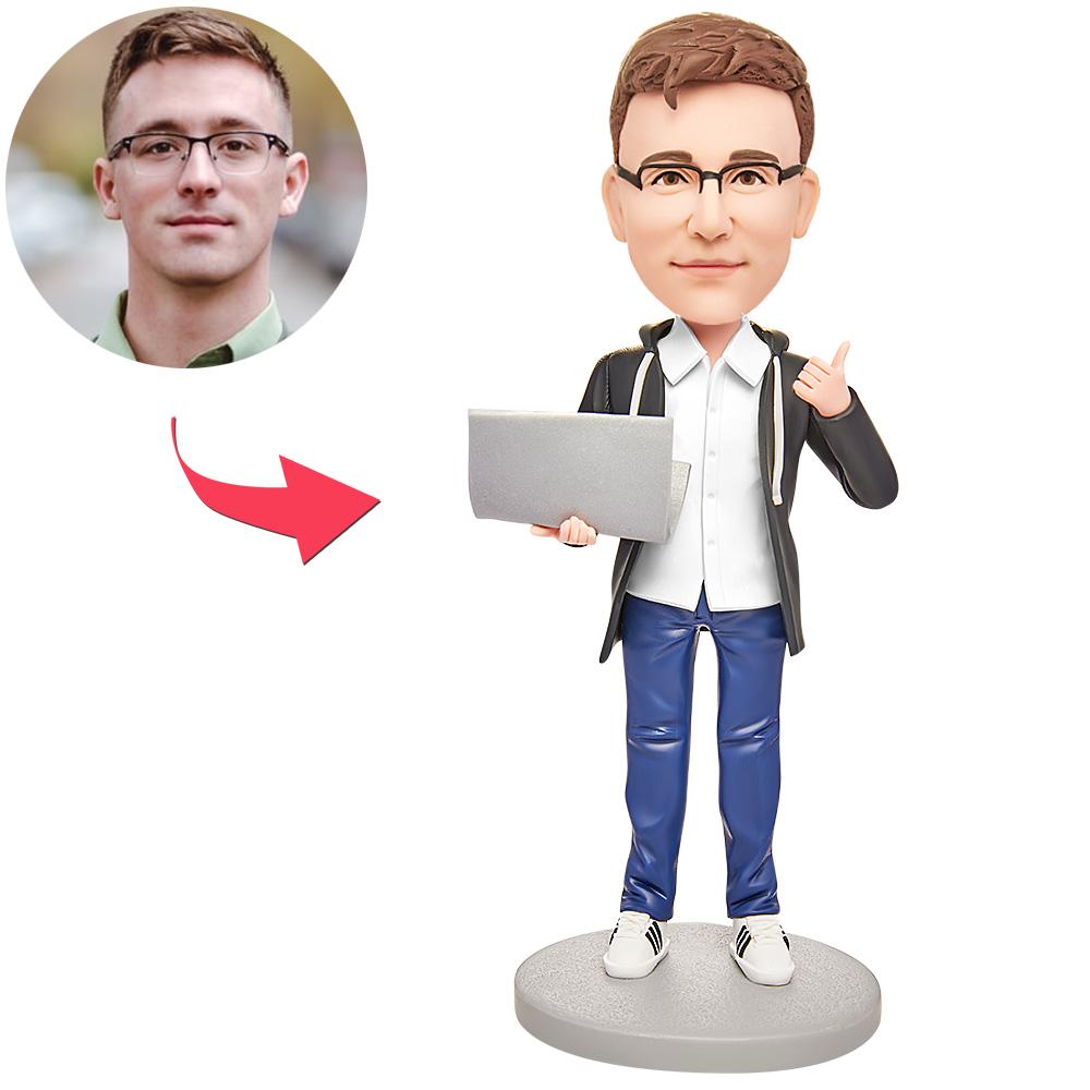 custom bobble head celebrate every smile figurine character male software engineer computer front view