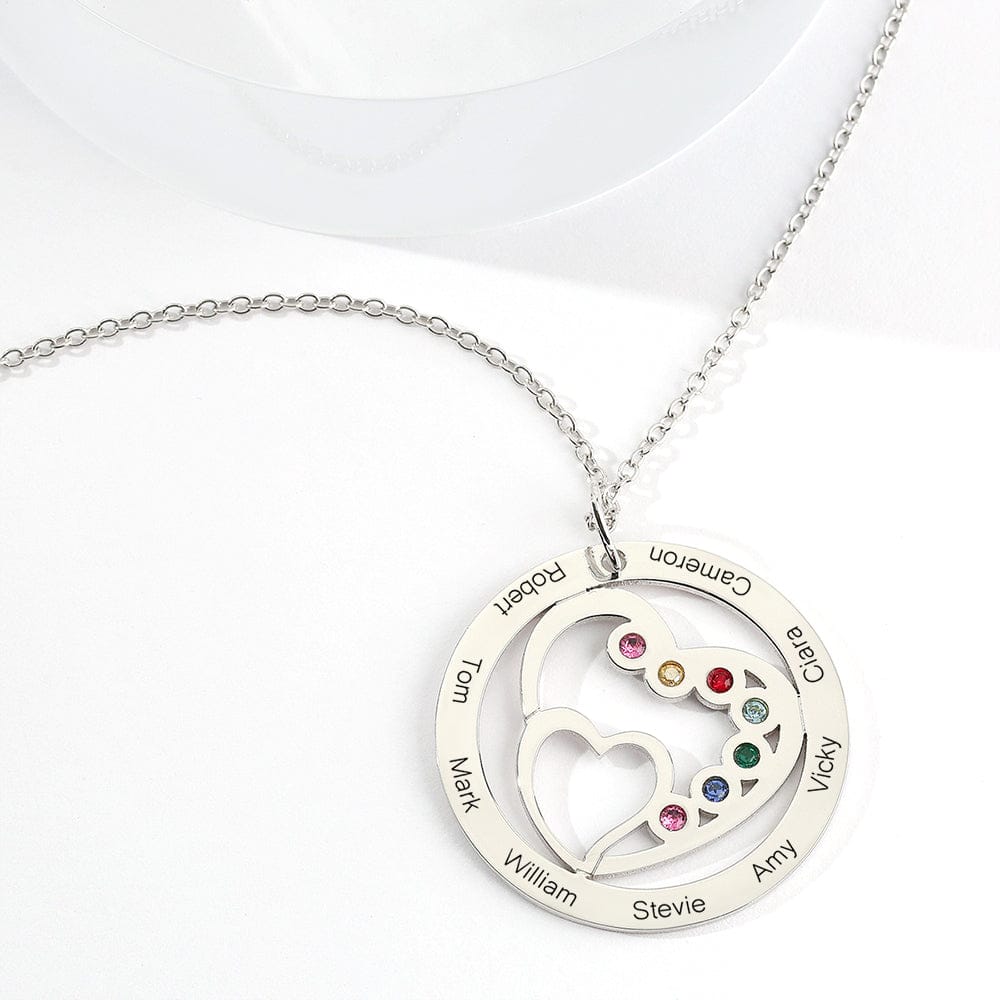 Round and Heart Engraved Necklace with Custom Birthstones