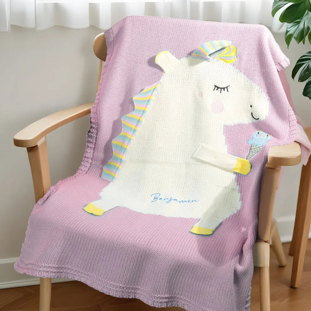 Personalized Knitted Blanket Unicorn Blanket with Embroidered Name Gift for Baby