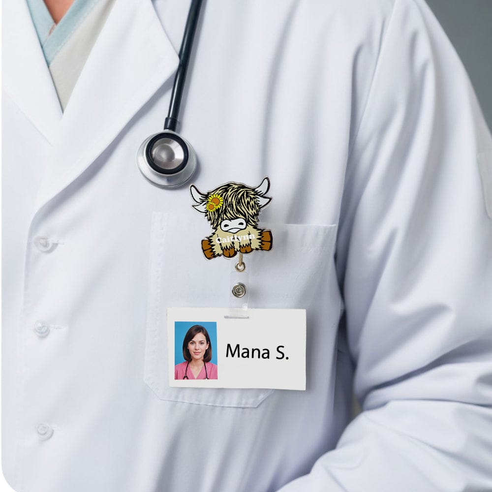 Personalized Highland Cow Badge Retractable Acrylic Badge Reel ID Clip Gift for Highland Cow Lovers