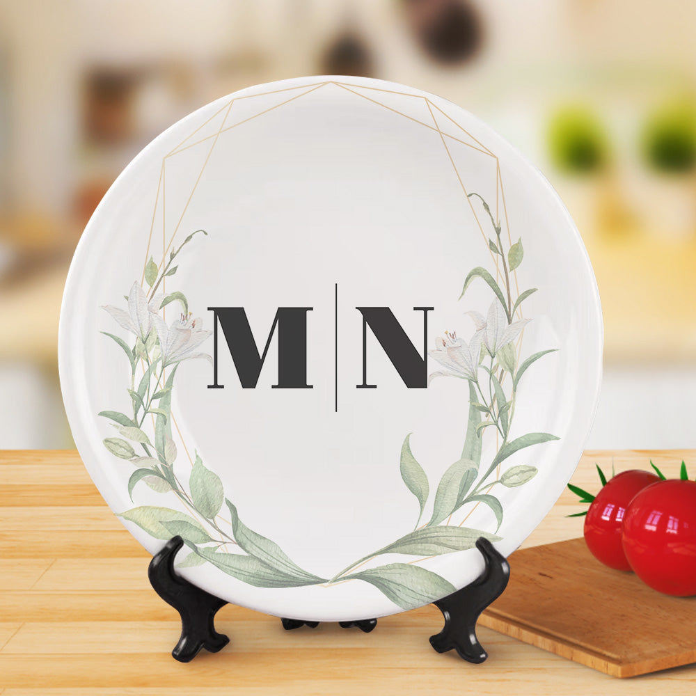 Custom Printed Flower Two Initials Ceramic Dinner Plates