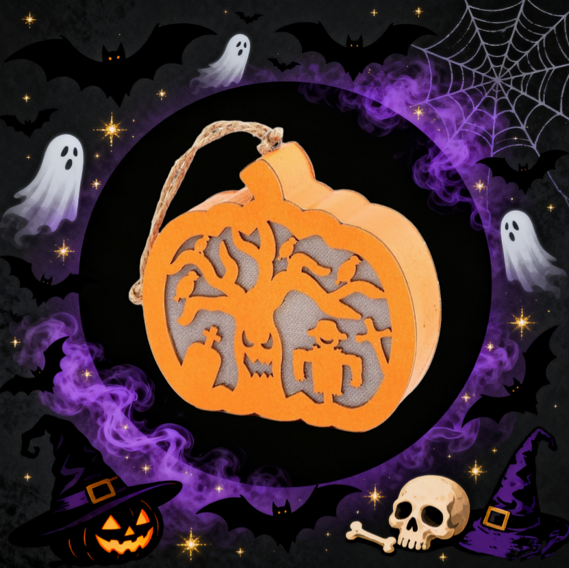 Halloween Haunted Tree Scene Wooden Pumpkin Light – Spooky Home Decor & Party Supplies
