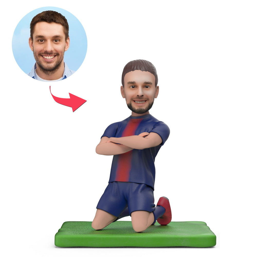 Soccer Player Mbappe Celebrates Scoring with Arms Around Custom Bobblehead With Engraved Text