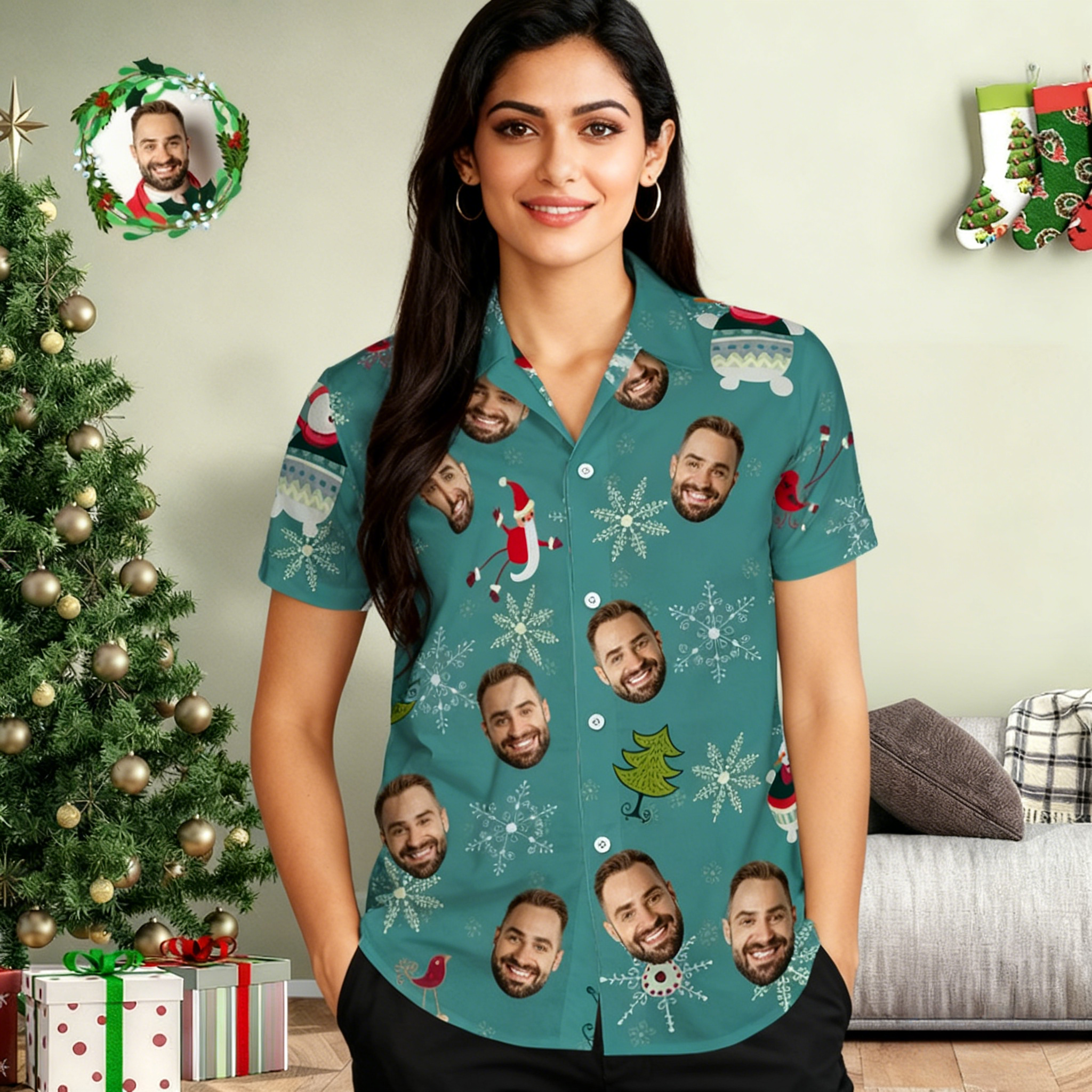 Custom Face Hawaiian Shirt Snowflakes and Snowmen Green Hawaiian Shirts Christmas Gift for Him