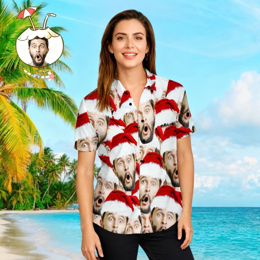 Custom Face Shirt Personalized Photo Men's Hawaiian Shirt Christmas Gift - Santa Face Mash