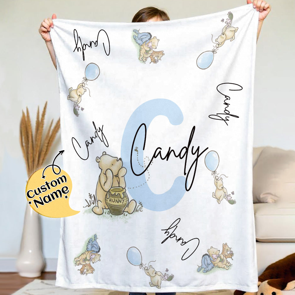 Personalized Winnie the Pooh Throw Blanket with Name Nursery Decor Birthday Baby Shower Gift for Kids
