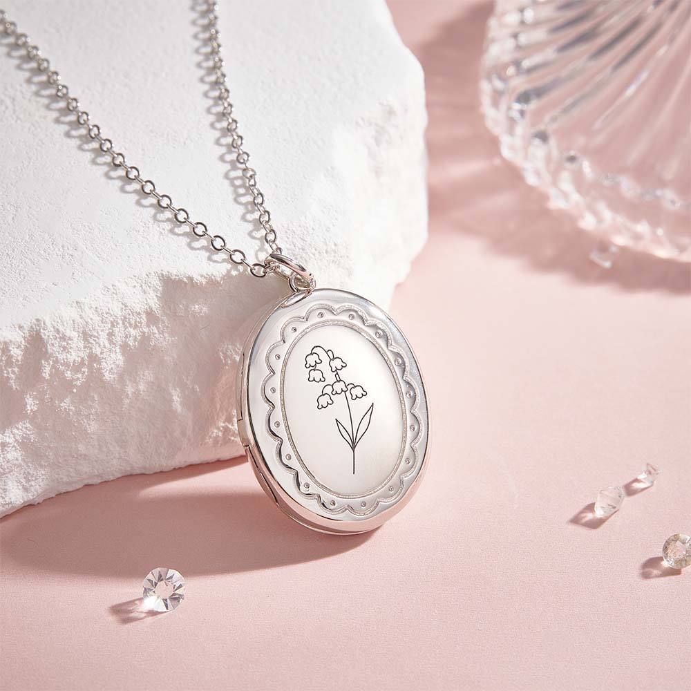 Personalized Birth Flower Locket Necklace with Photo Necklace Jewelry Gift for Her